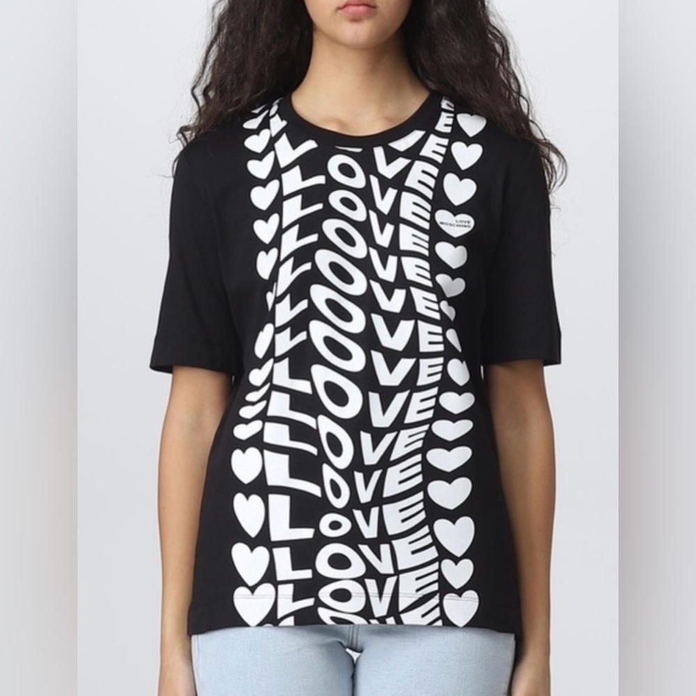Love Moschino Heart Logo Print Black Cotton T-Shirt,  Size 2/XS,read description